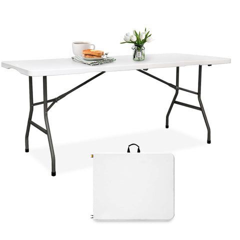 Pollilar 6ft folding table top view shows sturdy white HDPE surface for events