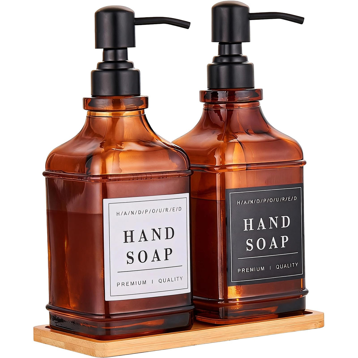 Pollock amber glass soap dispenser with pump for elegant bathroom decor.