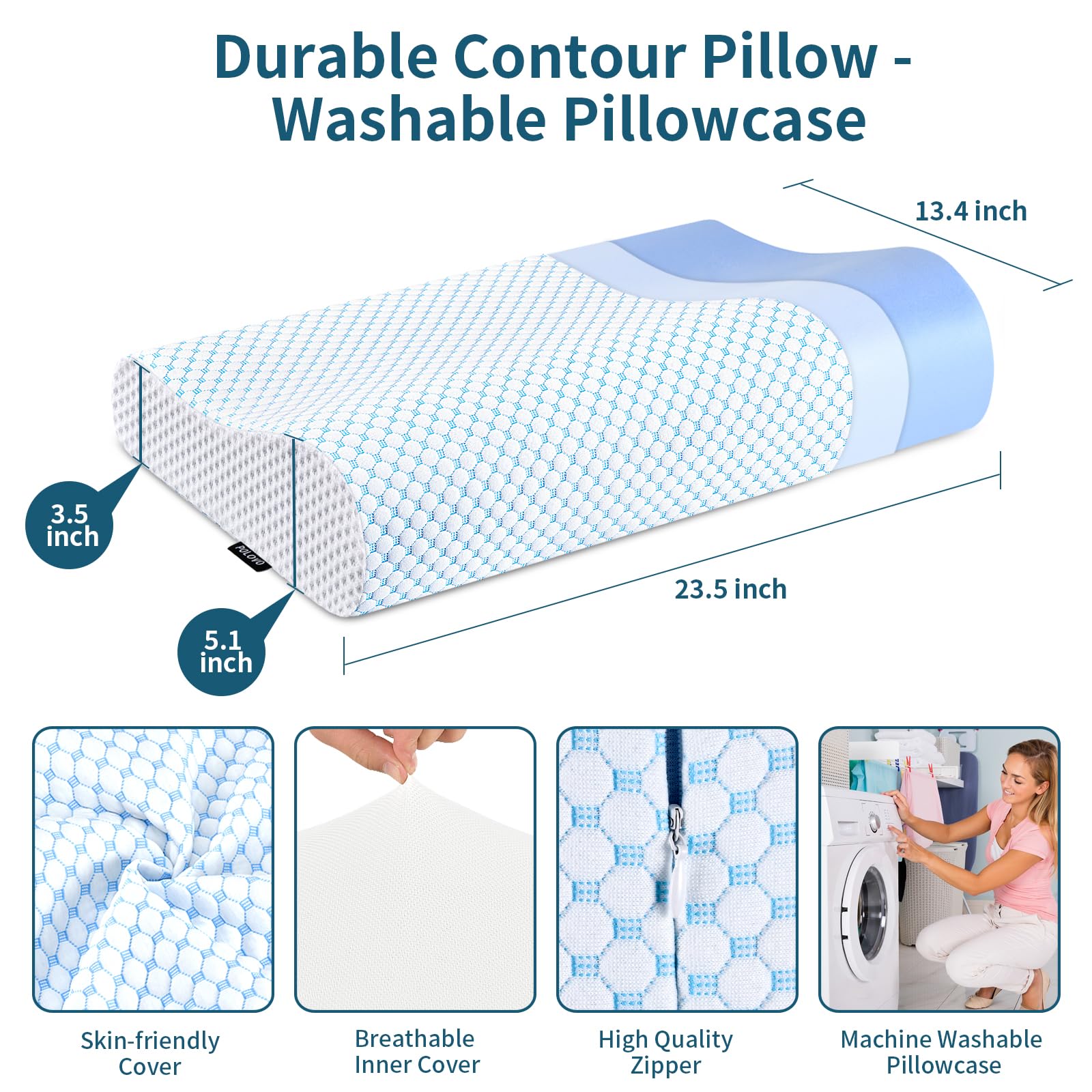 Polovo memory foam pillow with removable washable cover for easy care