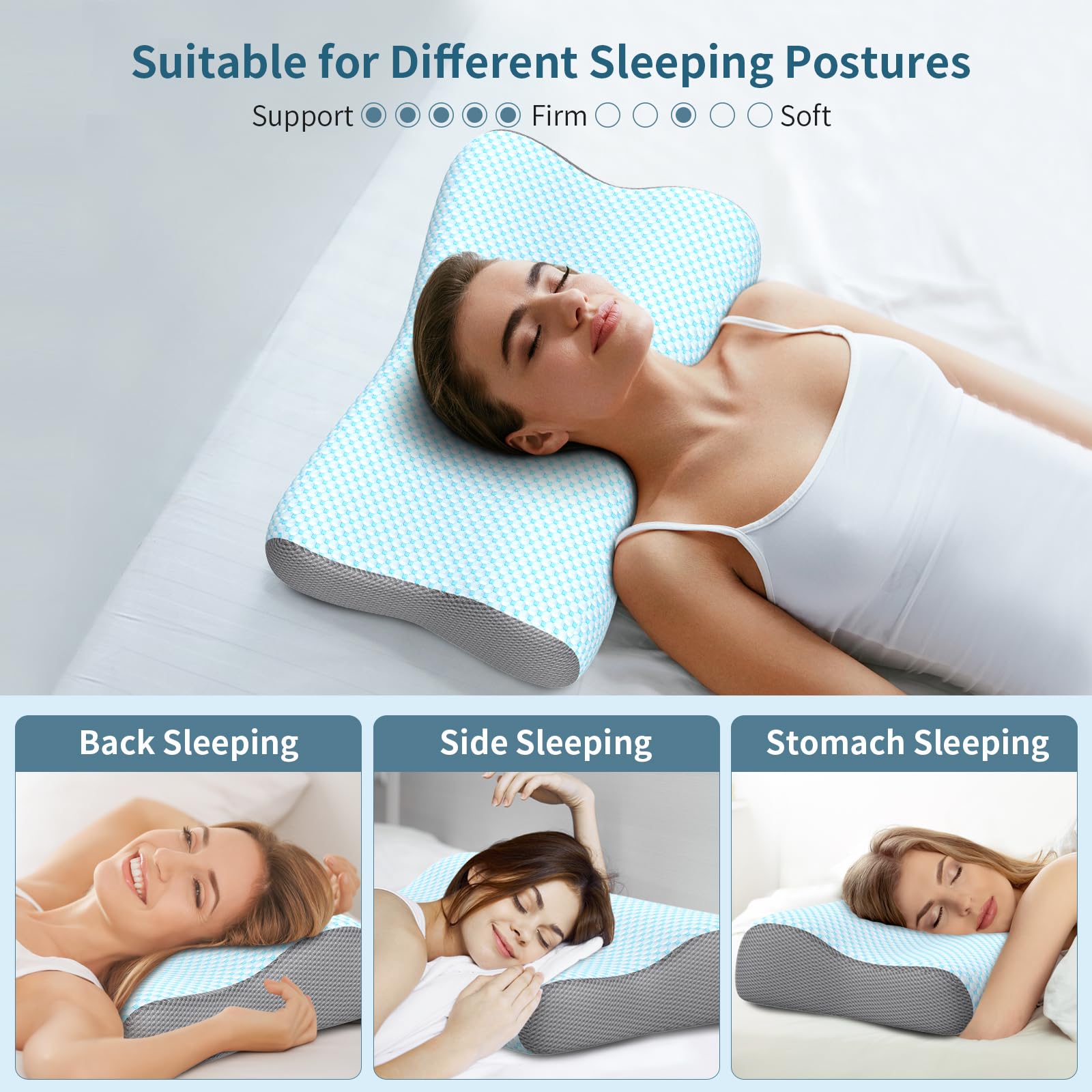 Polovo neck pillow supports back, side, and stomach sleepers with balanced pressure.