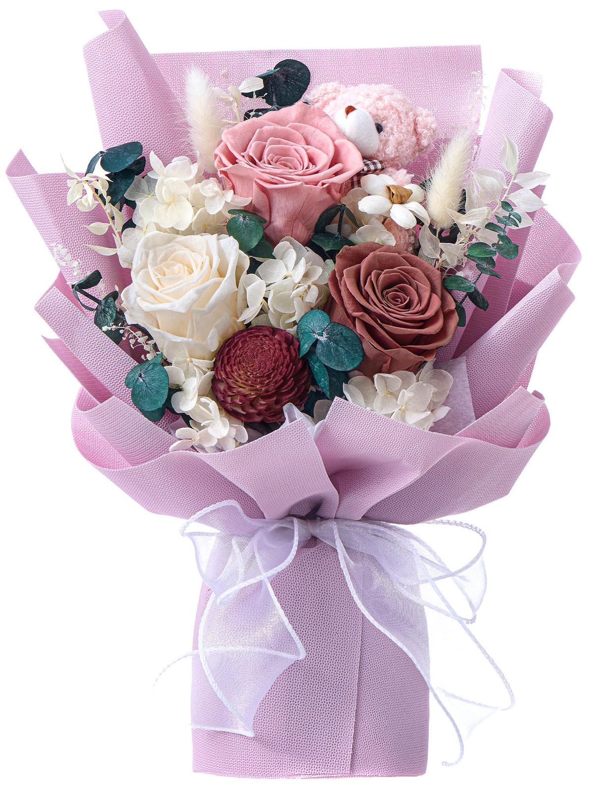 Polylove Forever Flower Bouquet in purple presentation box shows long-lasting color.
