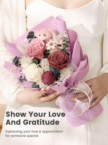 Handmade Polylove bouquet with roses and hydrangeas for refined gifting.