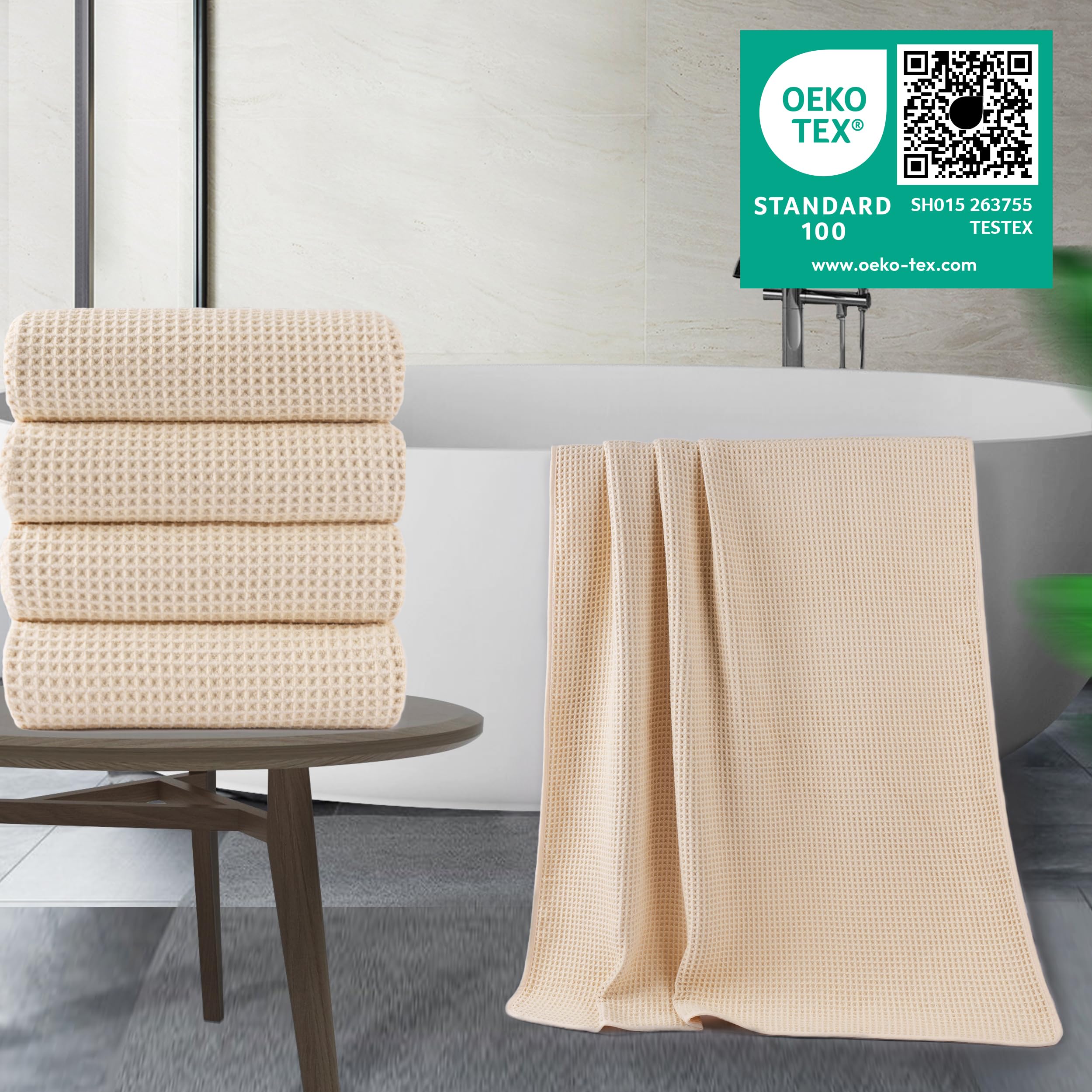 POLYTE waffle-weave close-up shows lint-free surface for quick drying