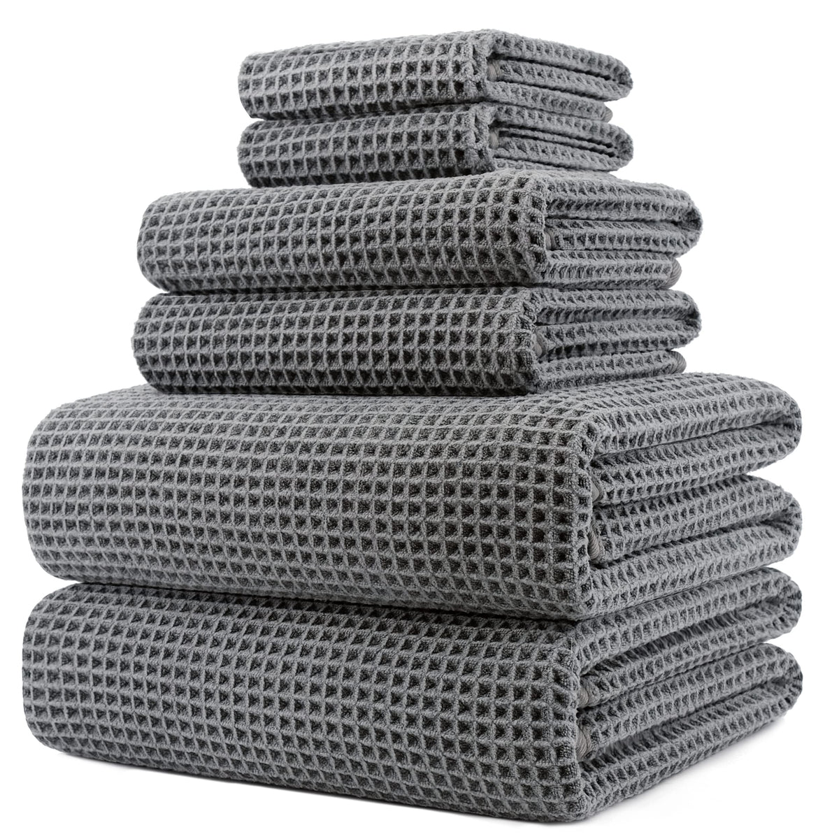 POLYTE bath towel 30x60 inches in waffle weave for quick drying and plush feel.