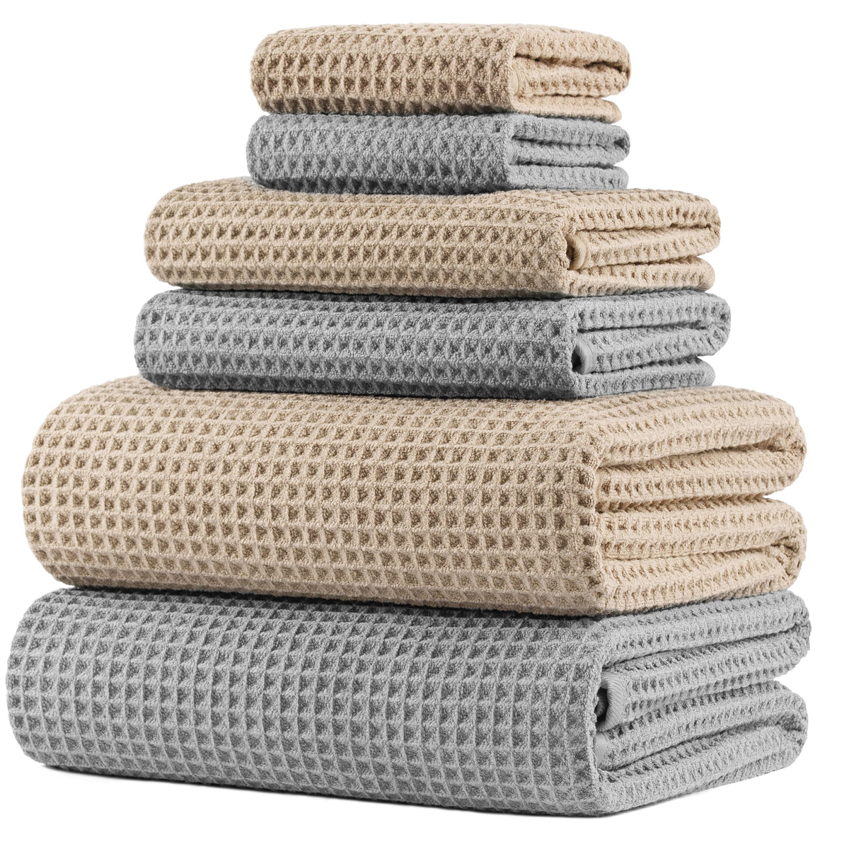 POLYTE bath towel set in waffle weave for oversized comfort and quick-dry performance.