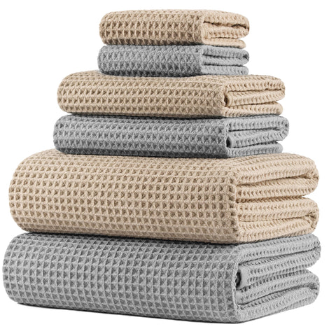 POLYTE bath towel set in waffle weave for oversized comfort and quick-dry performance.