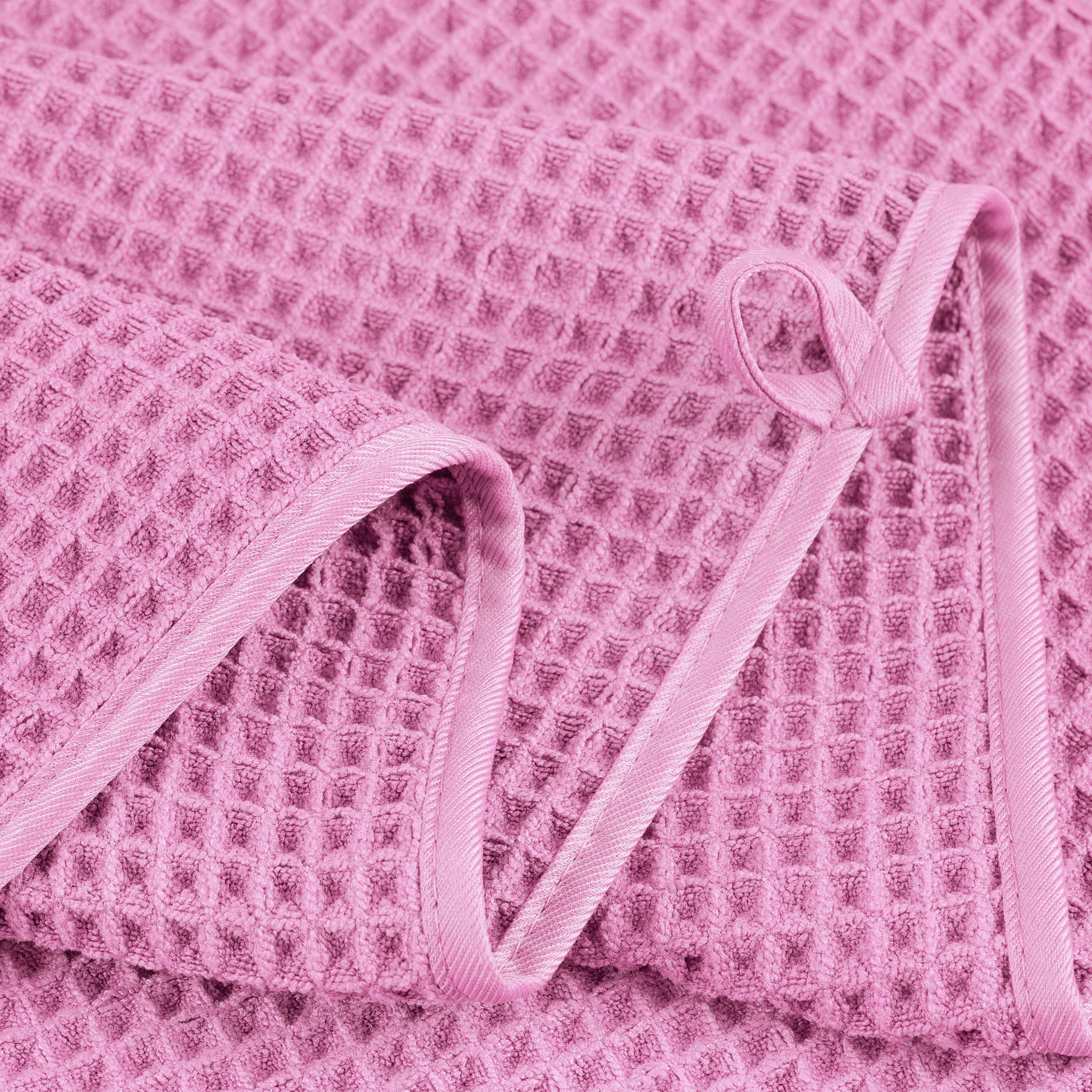 POLYTE deluxe 6-piece towel set shown together with waffle weave and satin trim.