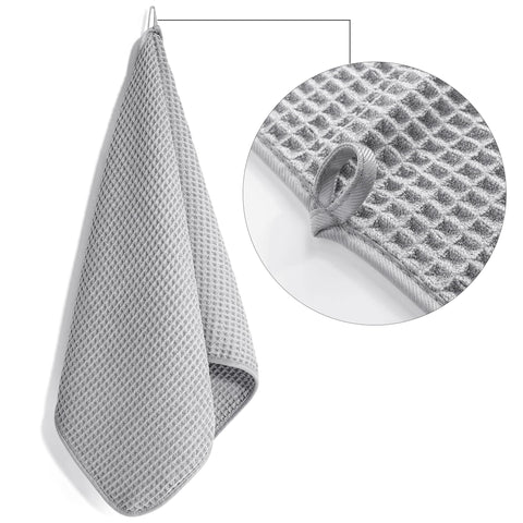 POLYTE hand towel hanging loop demonstrates easy hanging and fast air-drying.
