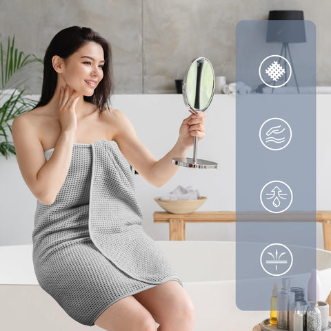 POLYTE lint-free waffle weave towel on rack for easy care