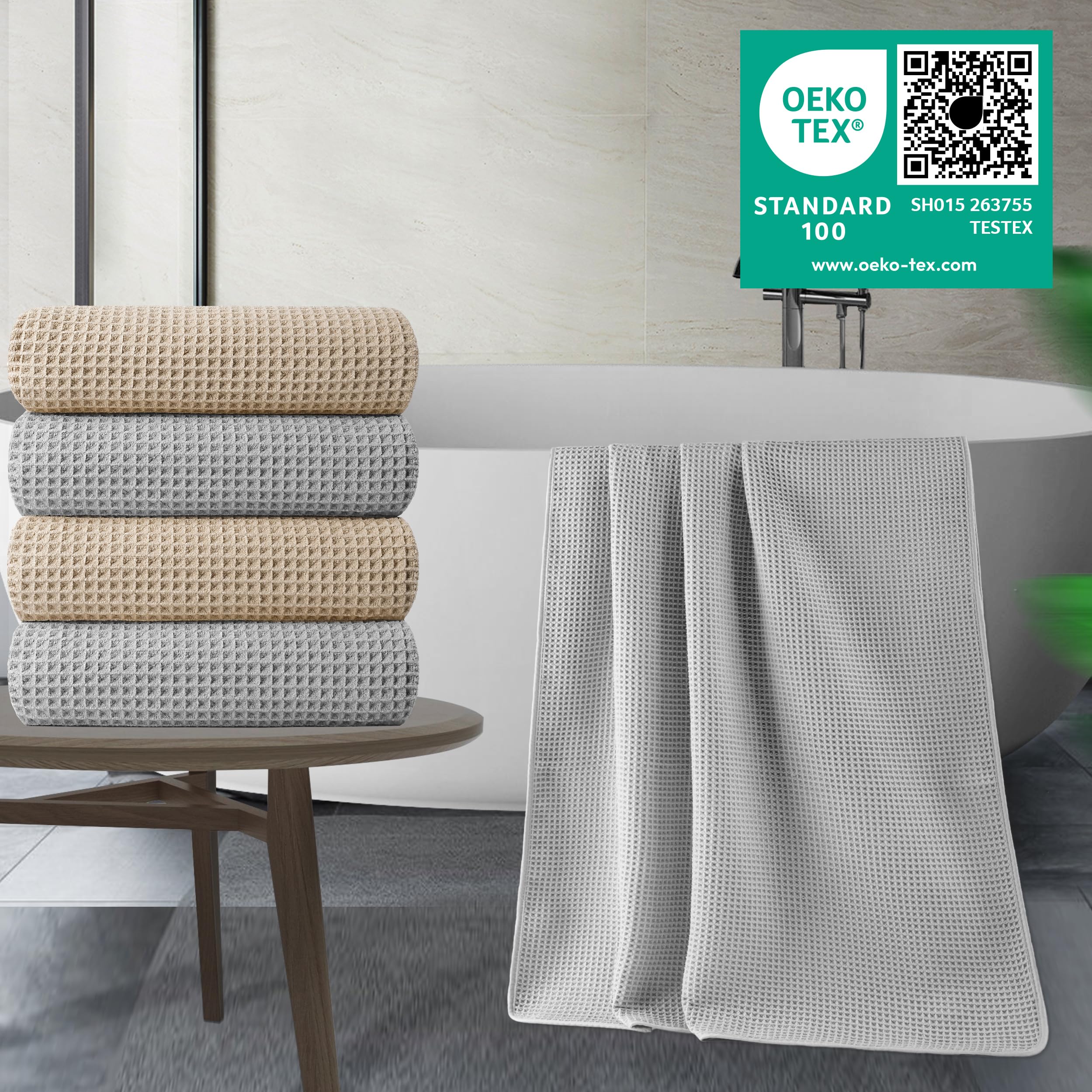 POLYTE satin-trim edge on bath towel emphasizes premium finish and lint resistance.