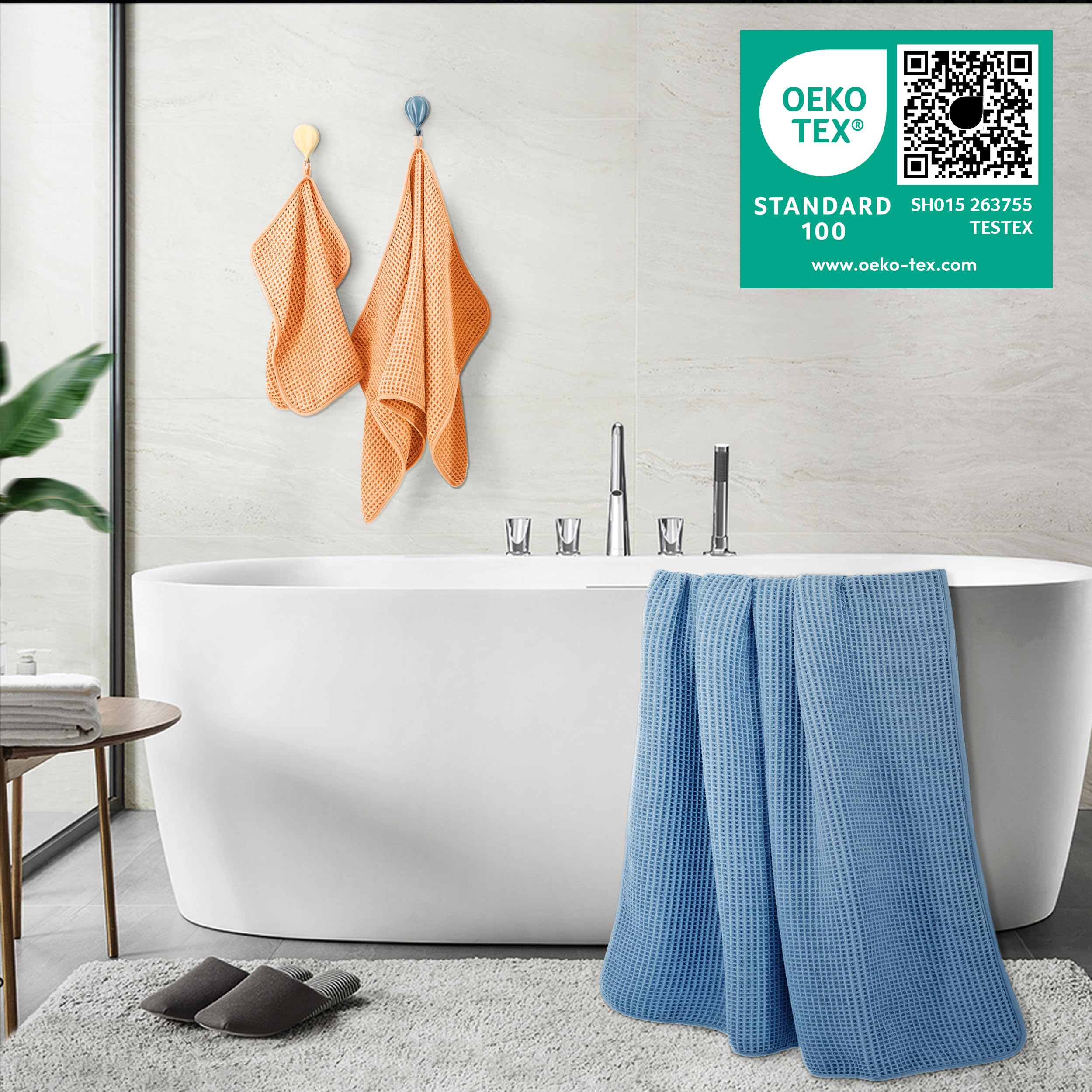POLYTE waffle bath towel satin-trim edge for refined finish