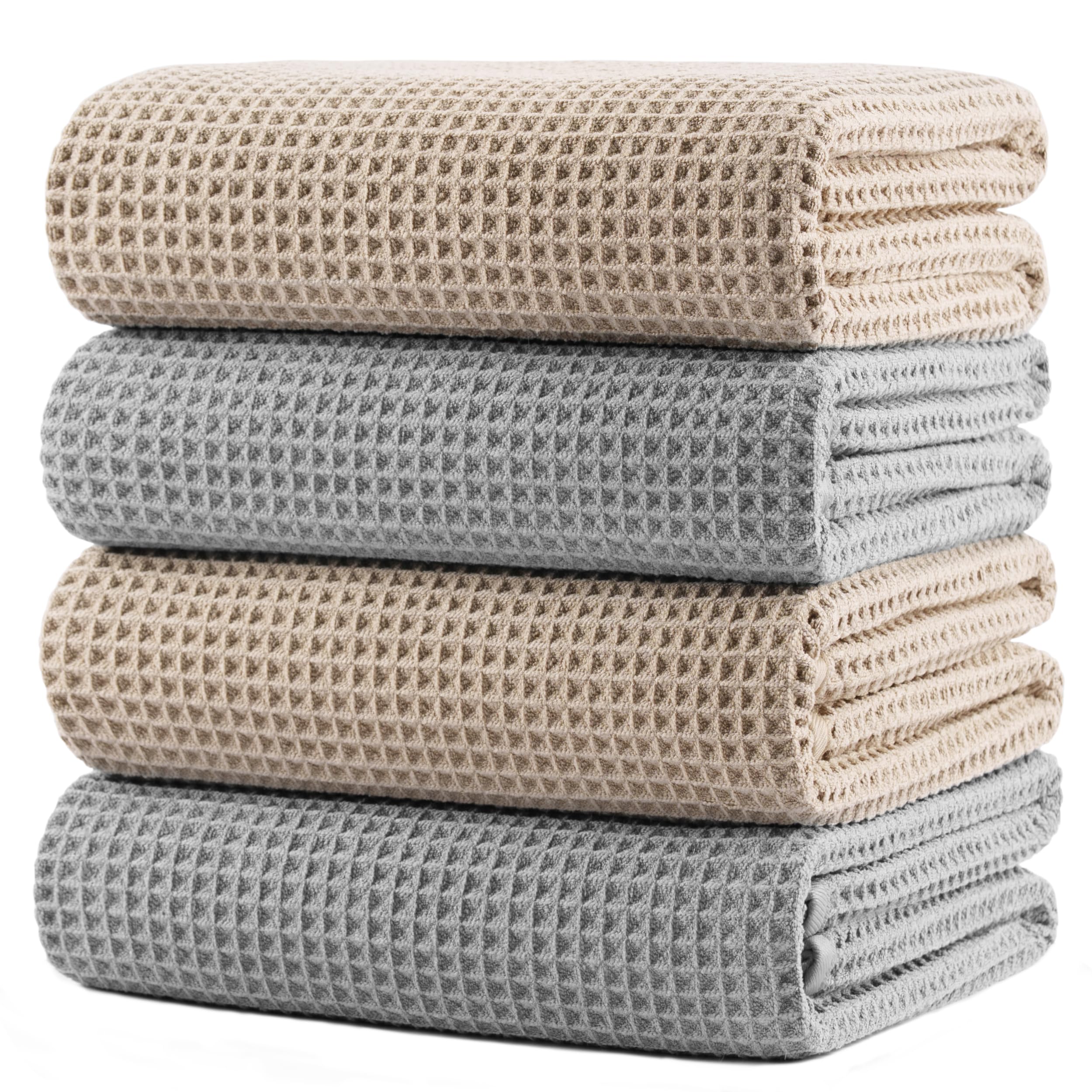 POLYTE waffle-weave bath towel close-up showing plush microfiber for fast drying.