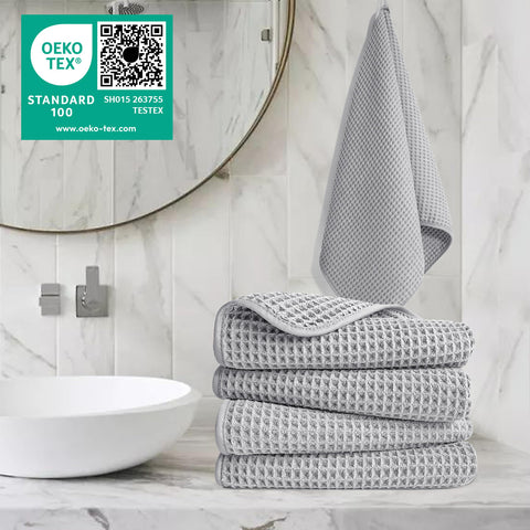 POLYTE waffle weave close-up highlights texture and gentle, lint-free drying.