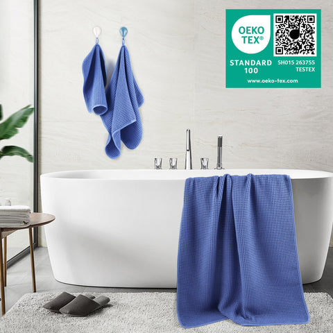 POLYTE washcloth 13x13 in waffle weave offers gentle exfoliation with water.