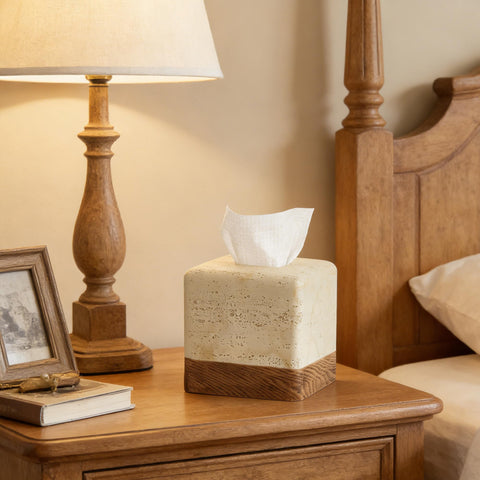 Polytree decorative tissue box for vanity or countertop enhances room style.