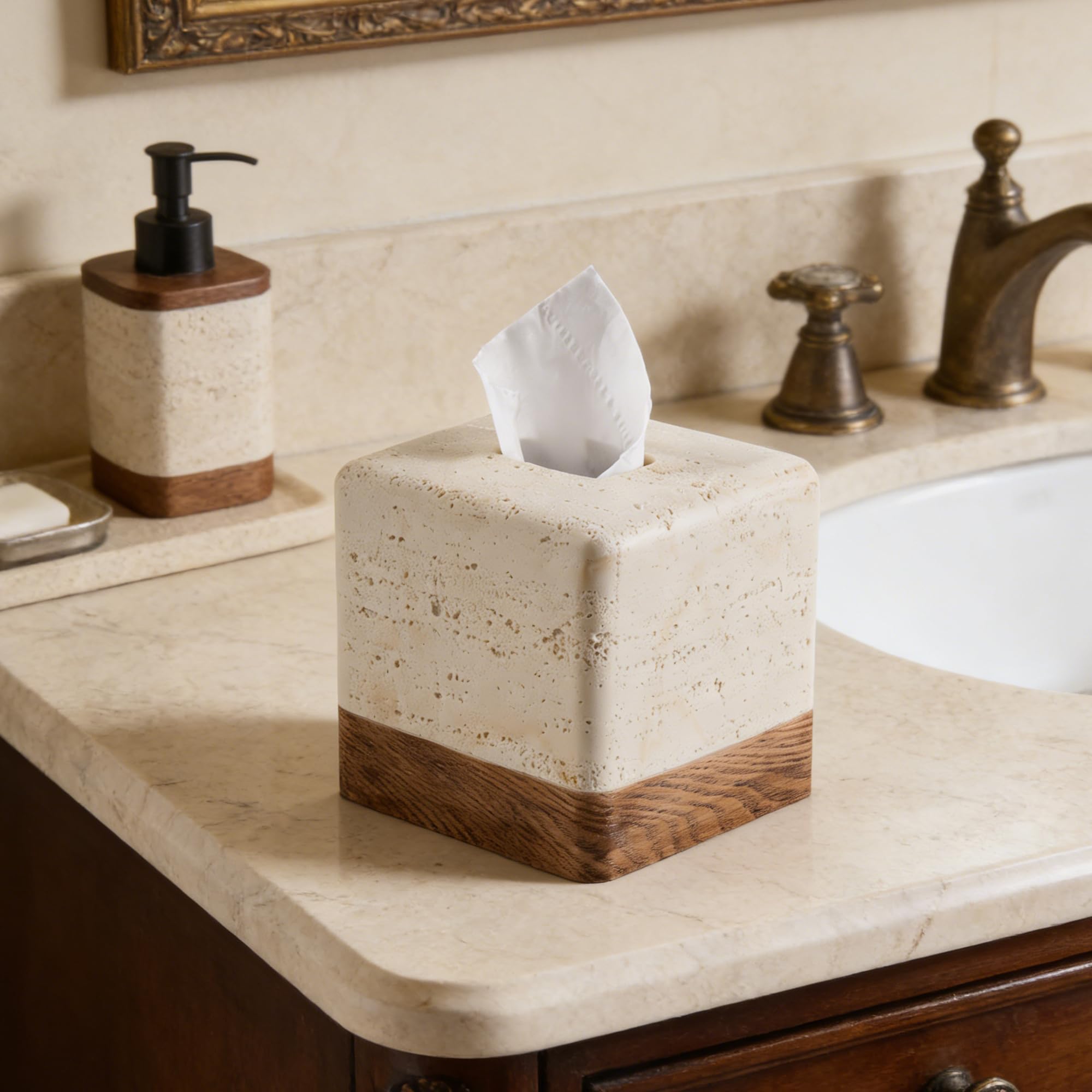 Polytree resin heavy square tissue holder stays in place on desks and countertops.