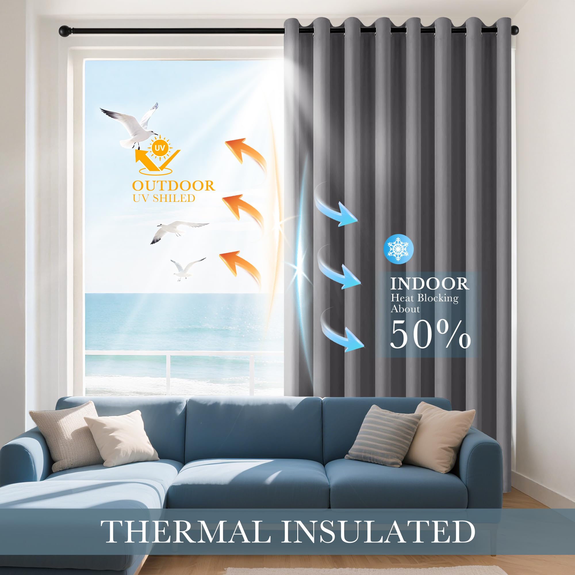 PONY DANCE grommet-top curtains grey detail highlights easy installation and smooth operation.