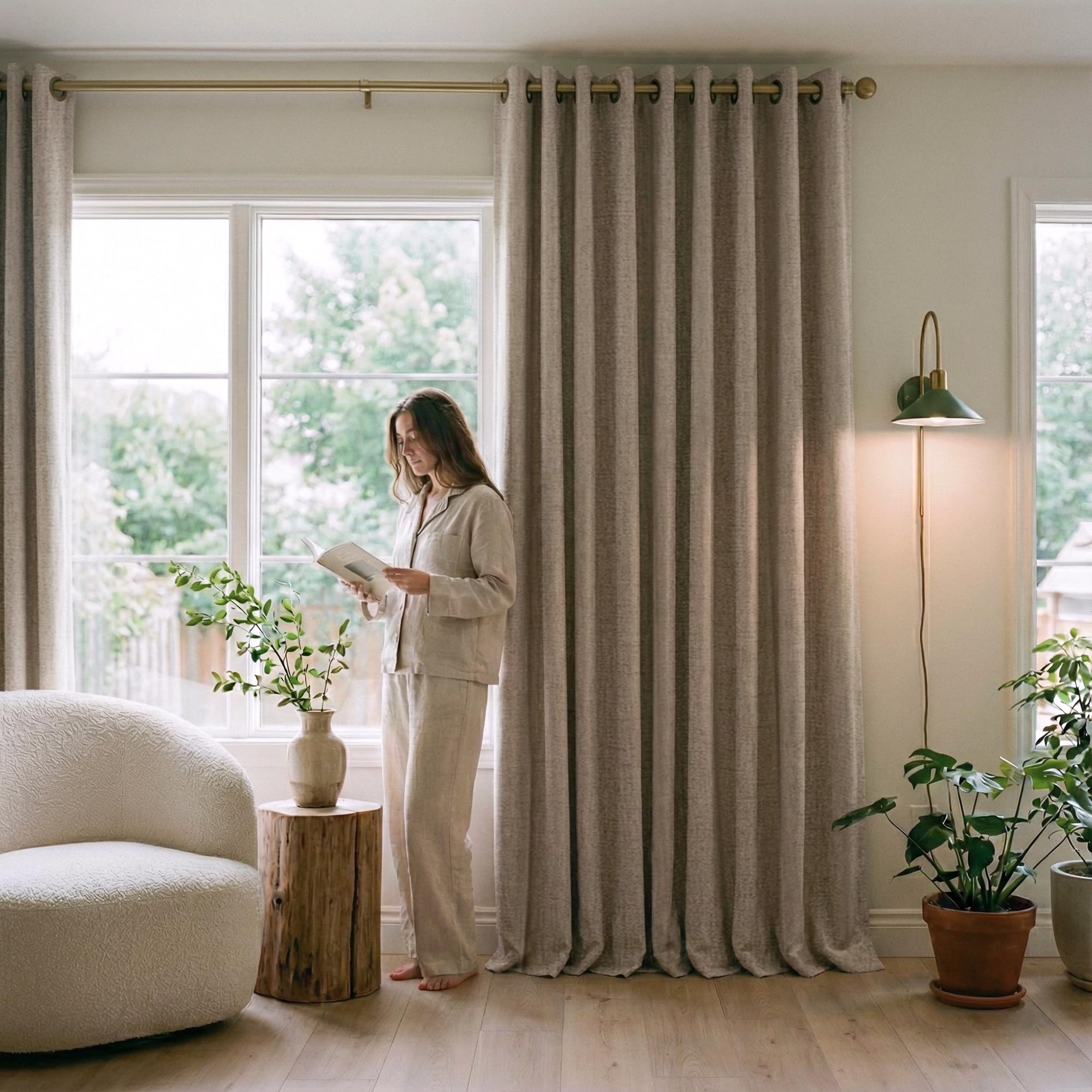 PONY DANCE linen blackout curtains in living room showing thermal insulation benefits