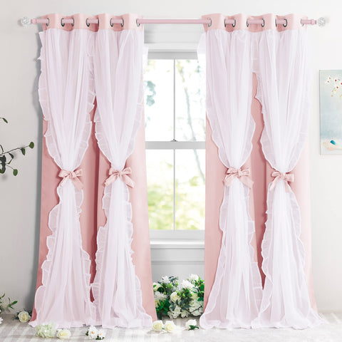 PONY DANCE pink blackout curtains with ruffle overlay for nursery privacy during naps