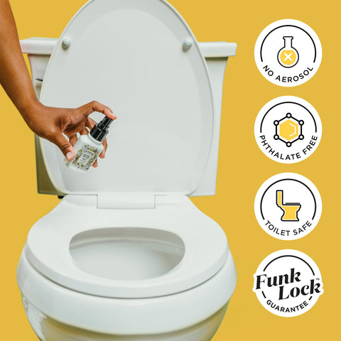 Poo-Pourri Before-You-Go spray mist demonstrates effortless application before you sit.