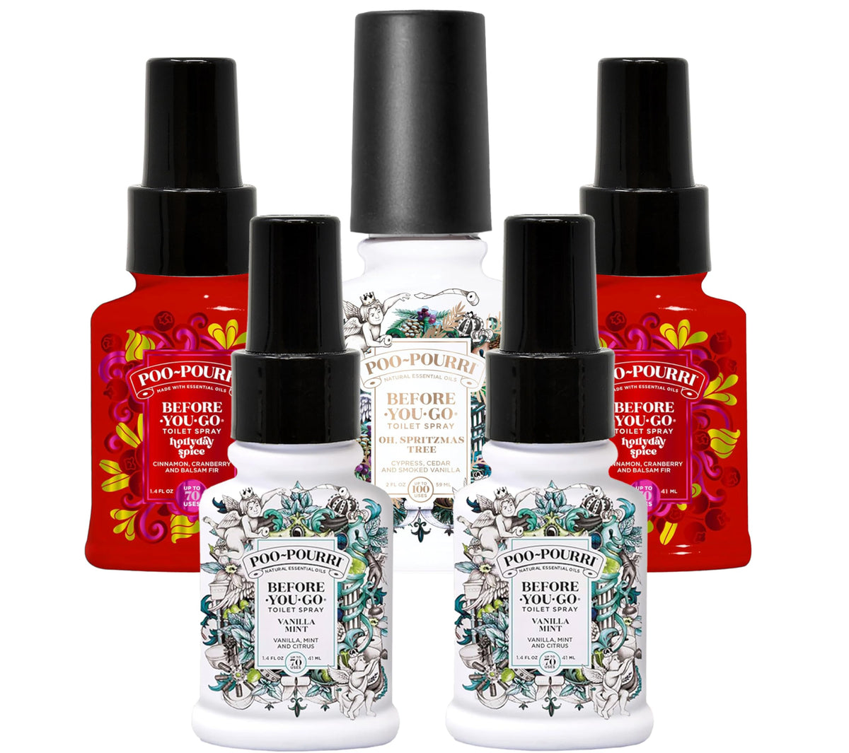 Poo-Pourri Holiday Set overview shows five bottles for on-the-go freshness.
