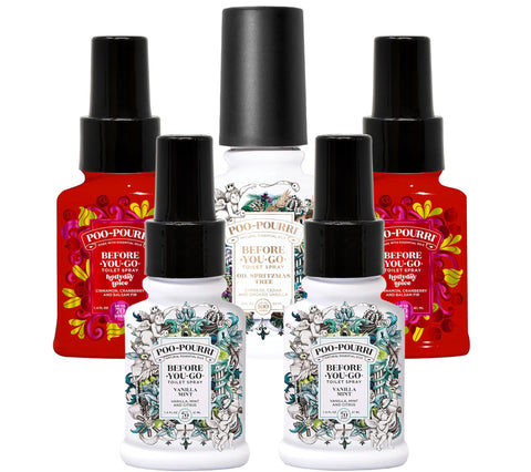 Poo-Pourri Holiday Set overview shows five bottles for on-the-go freshness.