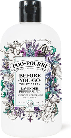 Poo-Pourri lavender peppermint bottle ready to trap odors before you go.