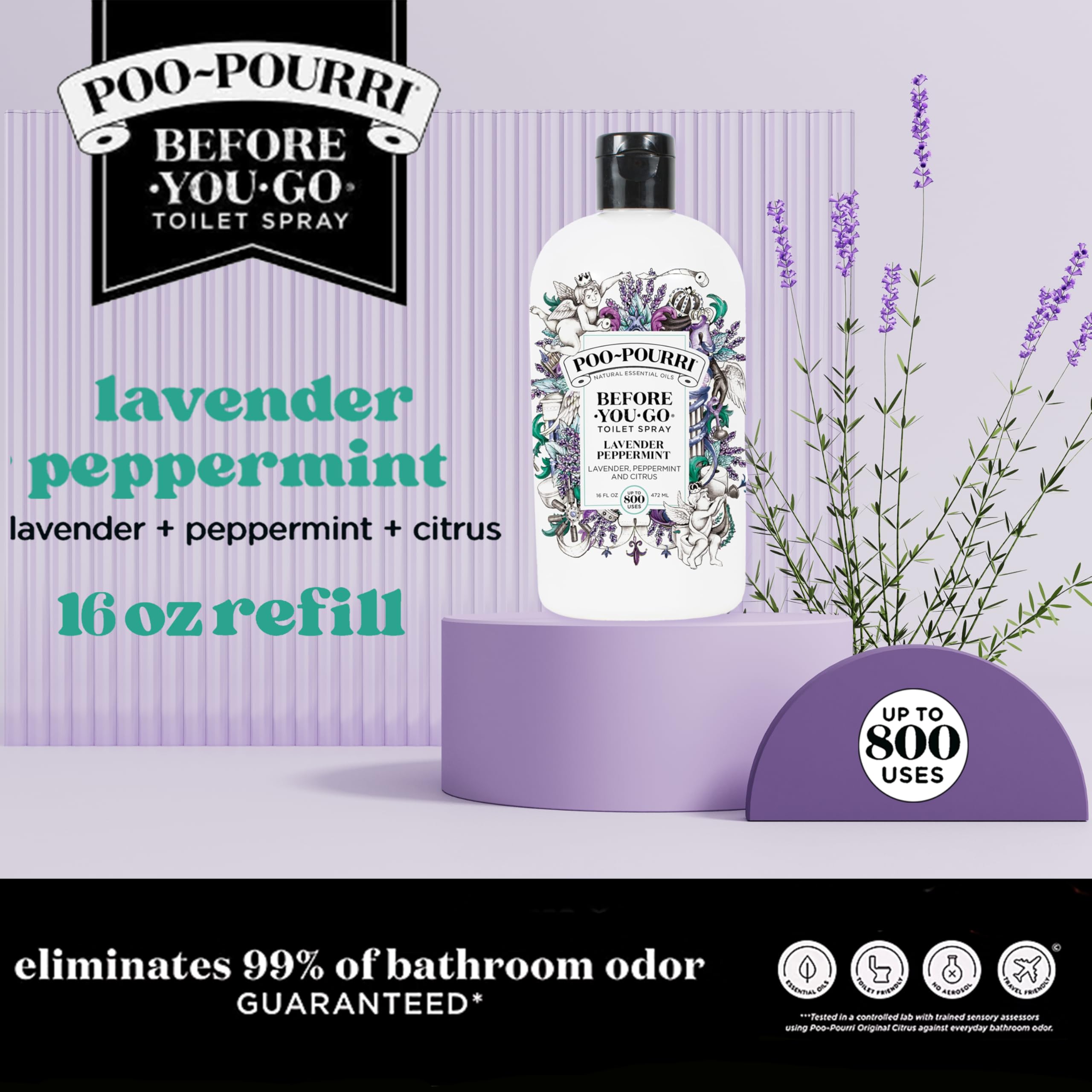 Poo-Pourri lavender peppermint pour action forming a barrier on water.