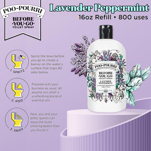 Poo-Pourri lavender peppermint label highlights plant-based ingredients for freshness.