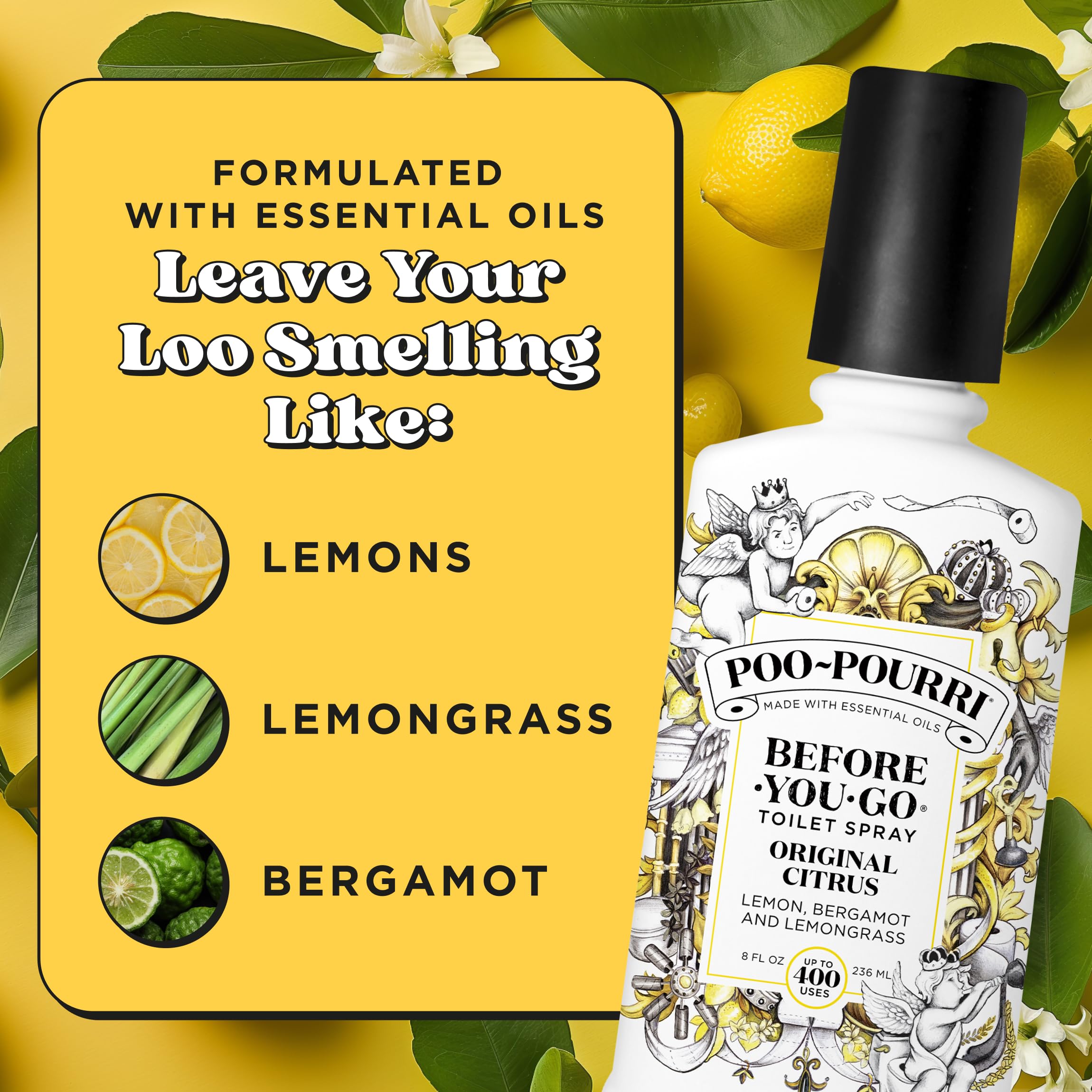 Poo-Pourri Odor freshening scent illustration emphasizes lemon, bergamot, lemongrass.