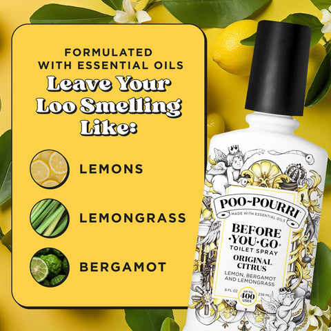 Poo-Pourri Odor freshening scent illustration emphasizes lemon, bergamot, lemongrass.