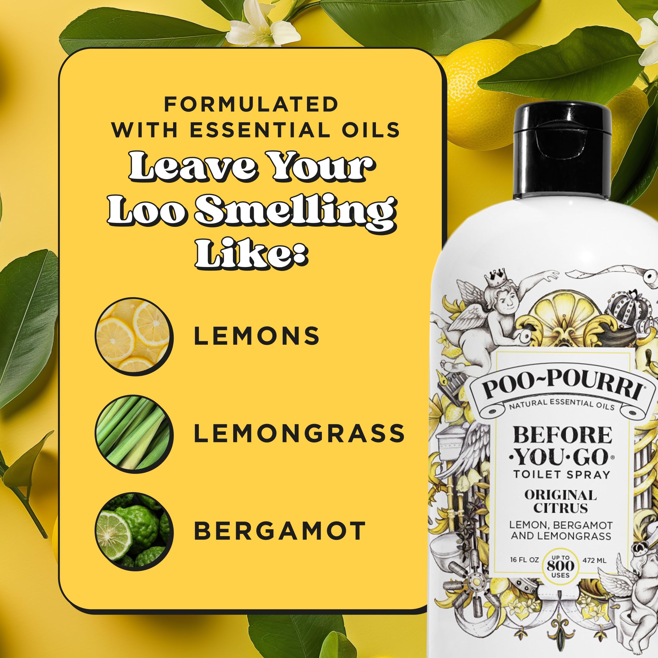 Bathroom scene with Poo-Pourri Original Citrus on the counter for instant freshness.
