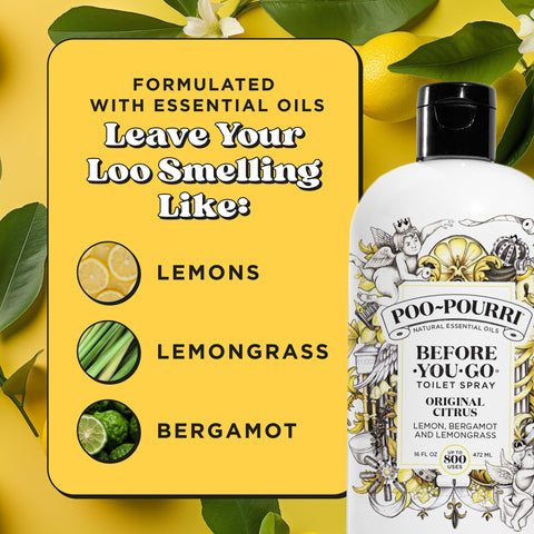 Bathroom scene with Poo-Pourri Original Citrus on the counter for instant freshness.