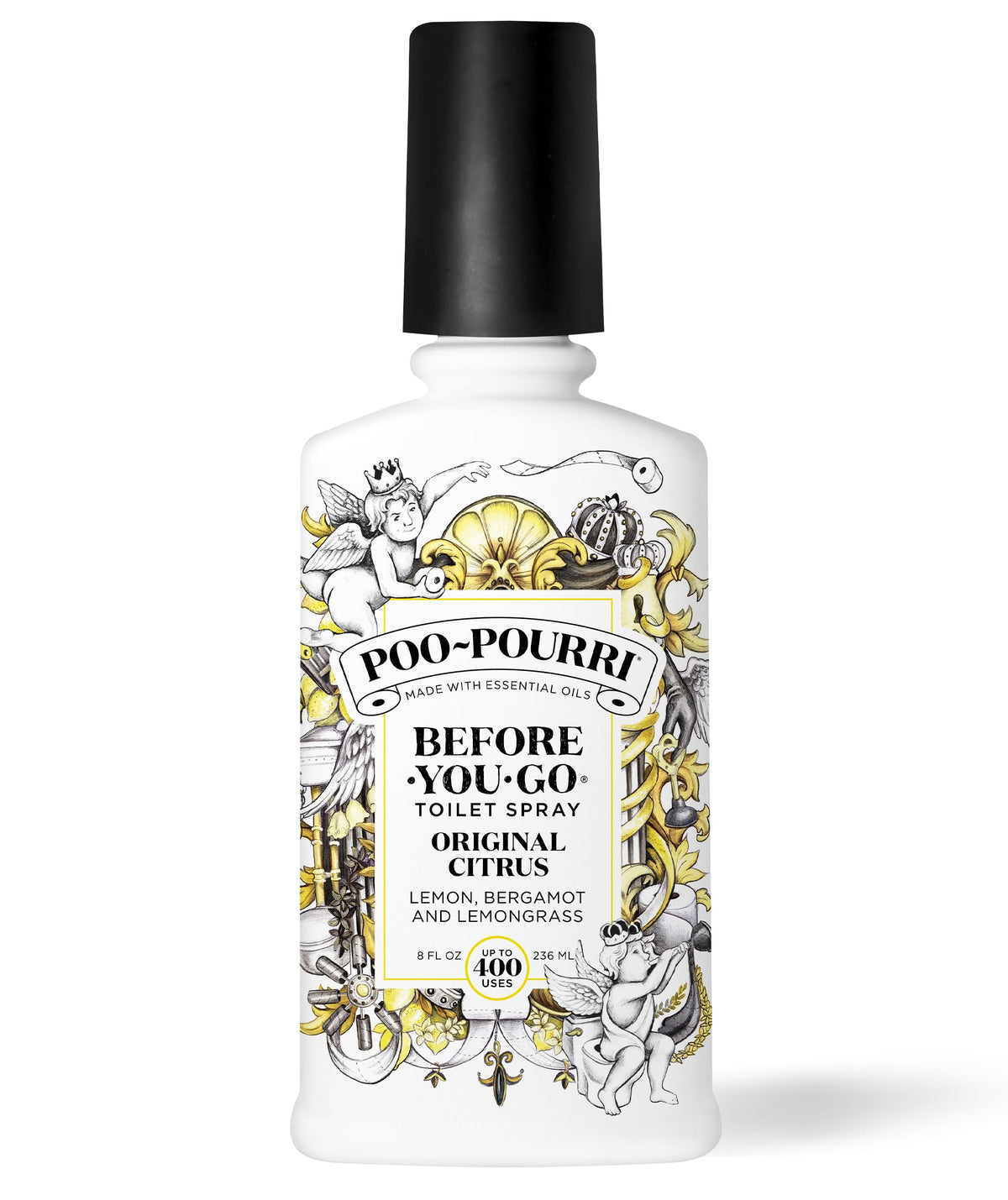 Poo-Pourri Original Citrus bottle top view shows compact design for quick use.