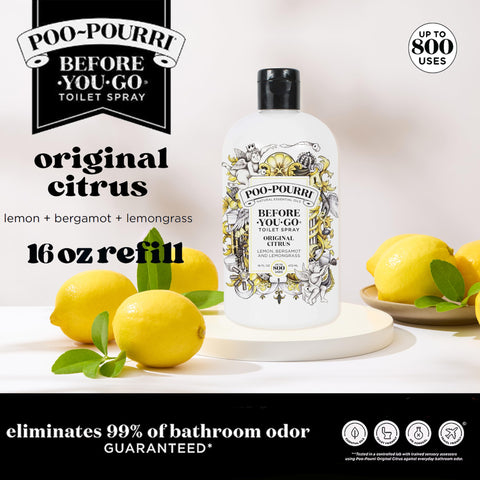 Poo-Pourri Original refill bottle spout view showing pre-use odor defense.
