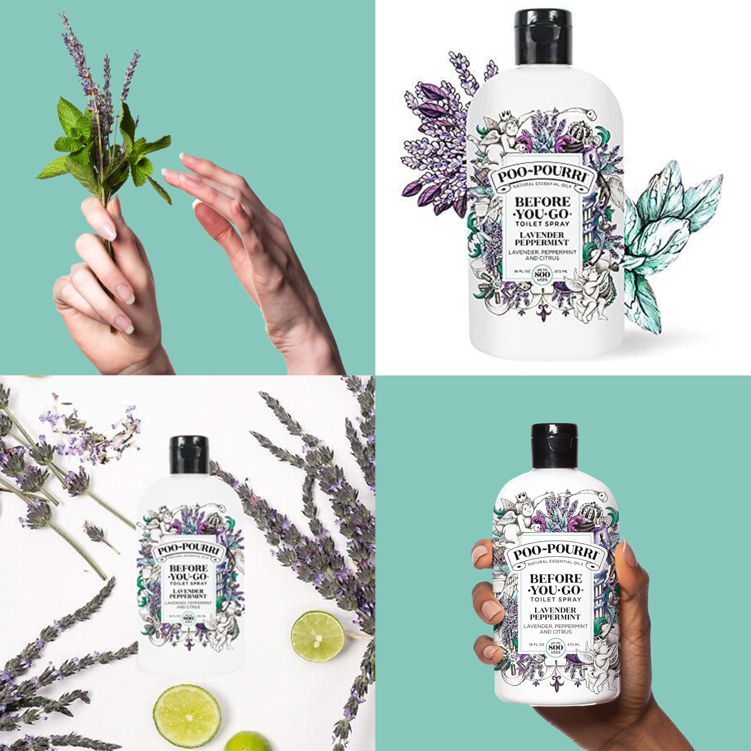 Poo-Pourri refill bottle shows 800 uses and easy refilling.
