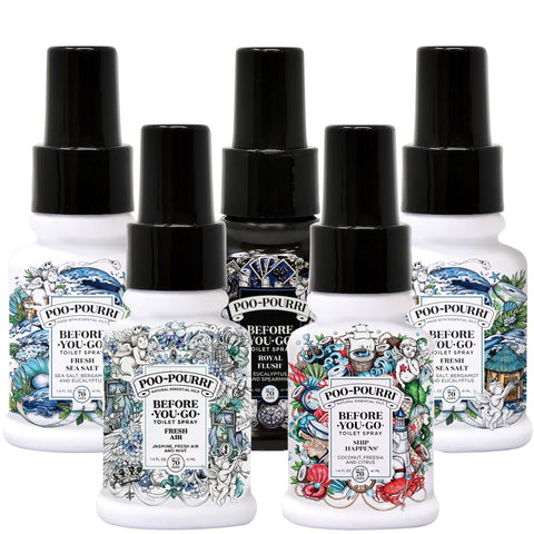 Poo-Pourri Royal Flush bottle showing eucalyptus and spearmint for odor control.