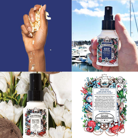 Poo-Pourri Ship Happens bottle with coconut freesia and citrus for discreet odor management.