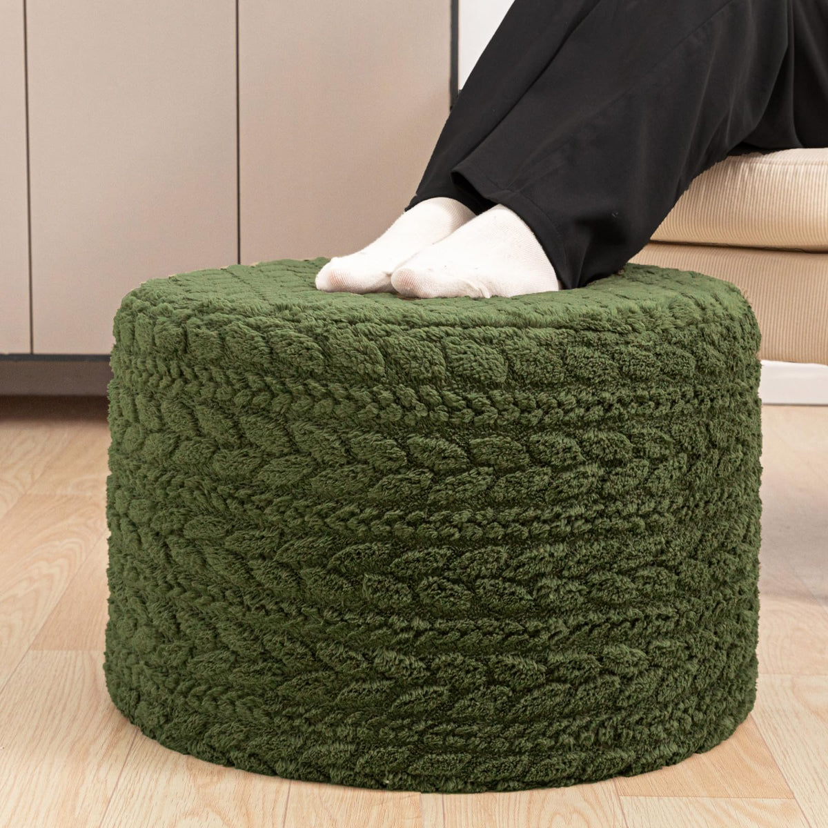 Poofieotto round pouf ottoman green 20x20 front view for versatile seating
