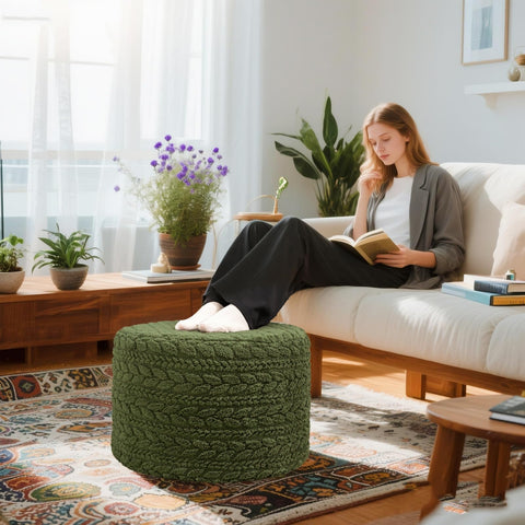 Poofieotto pouf green living room scene decorative yet functional foot rest