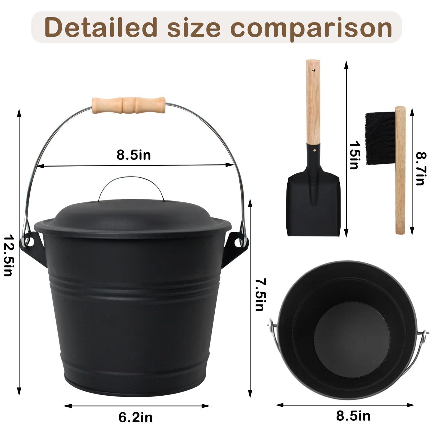 Poofzy ash bucket shown with shovel for easy ash removal