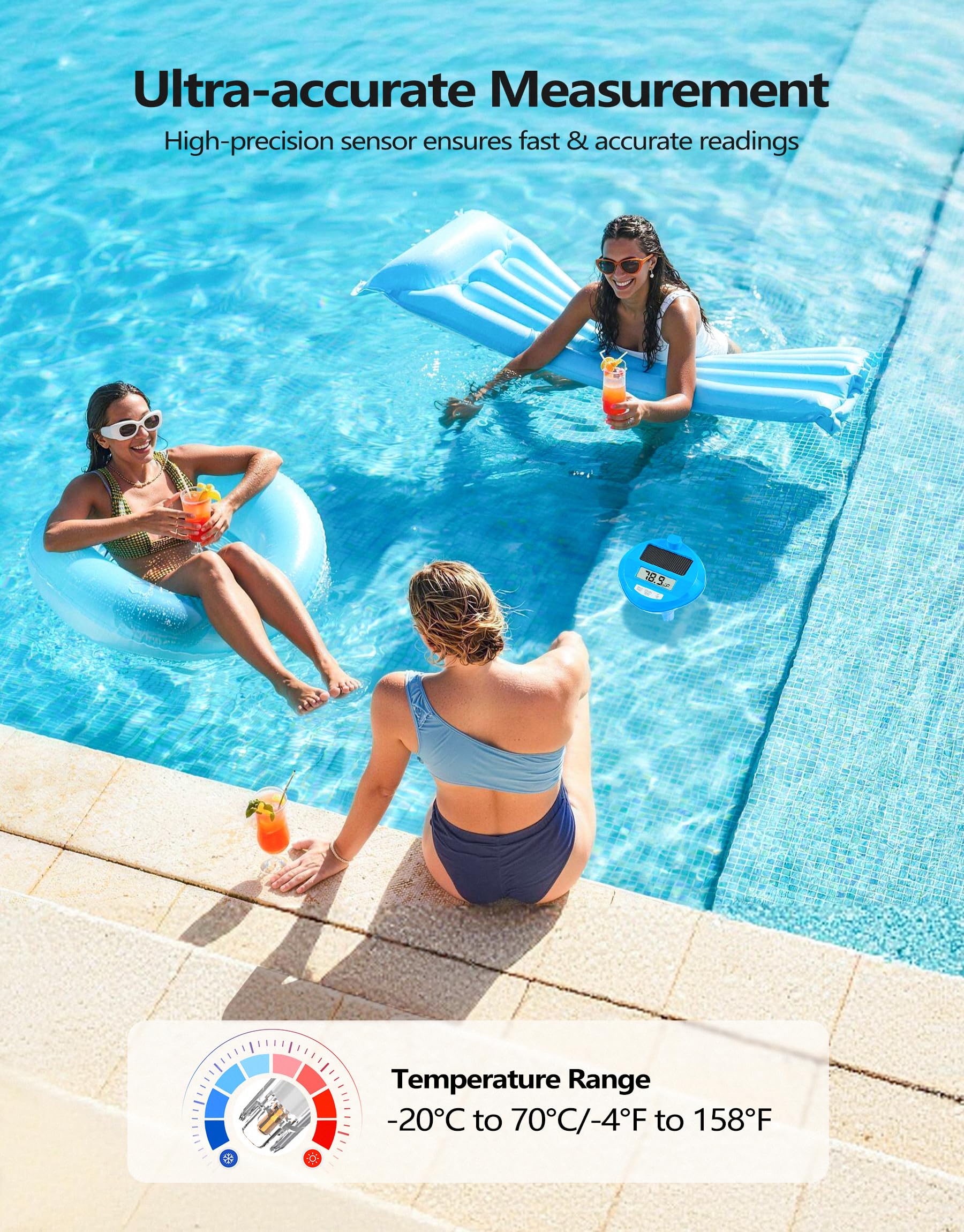 PoolLeader solar charging with auto backlight maintains clear readings after dark.
