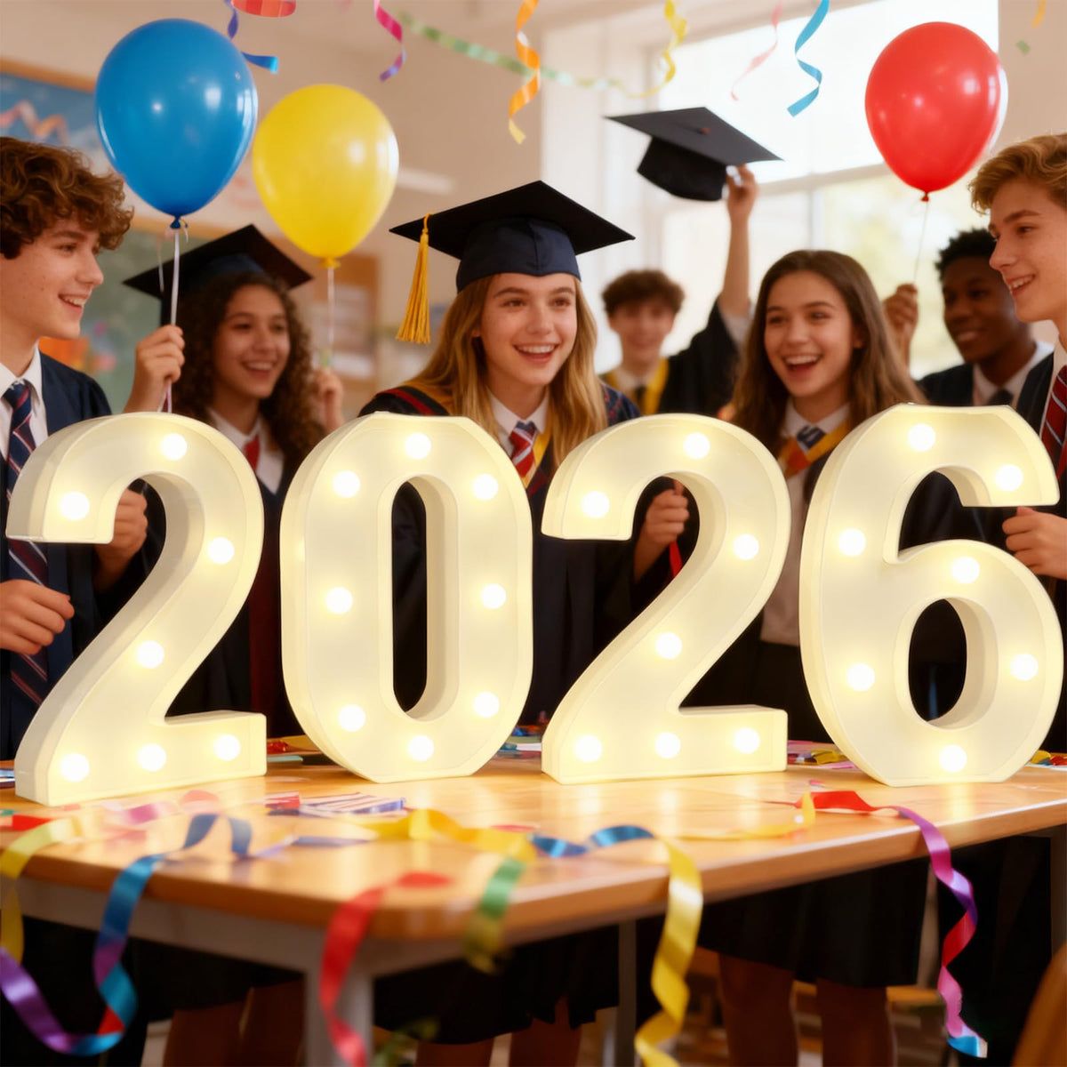 Pooqla 2026 graduation marquee numbers glow as a table centerpiece with warm light.