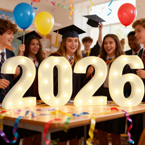 Pooqla 2026 graduation marquee numbers glow as a table centerpiece with warm light.