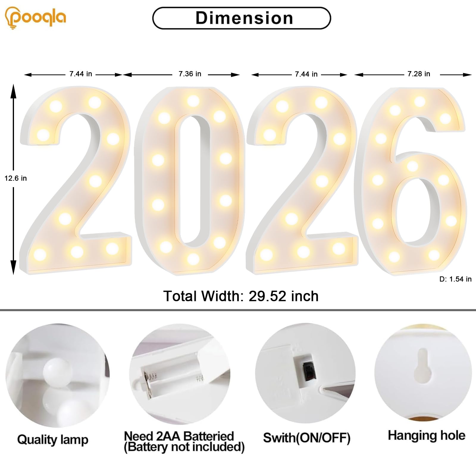 Pooqla Giant 2026 warm-white LEDs brighten party décor.