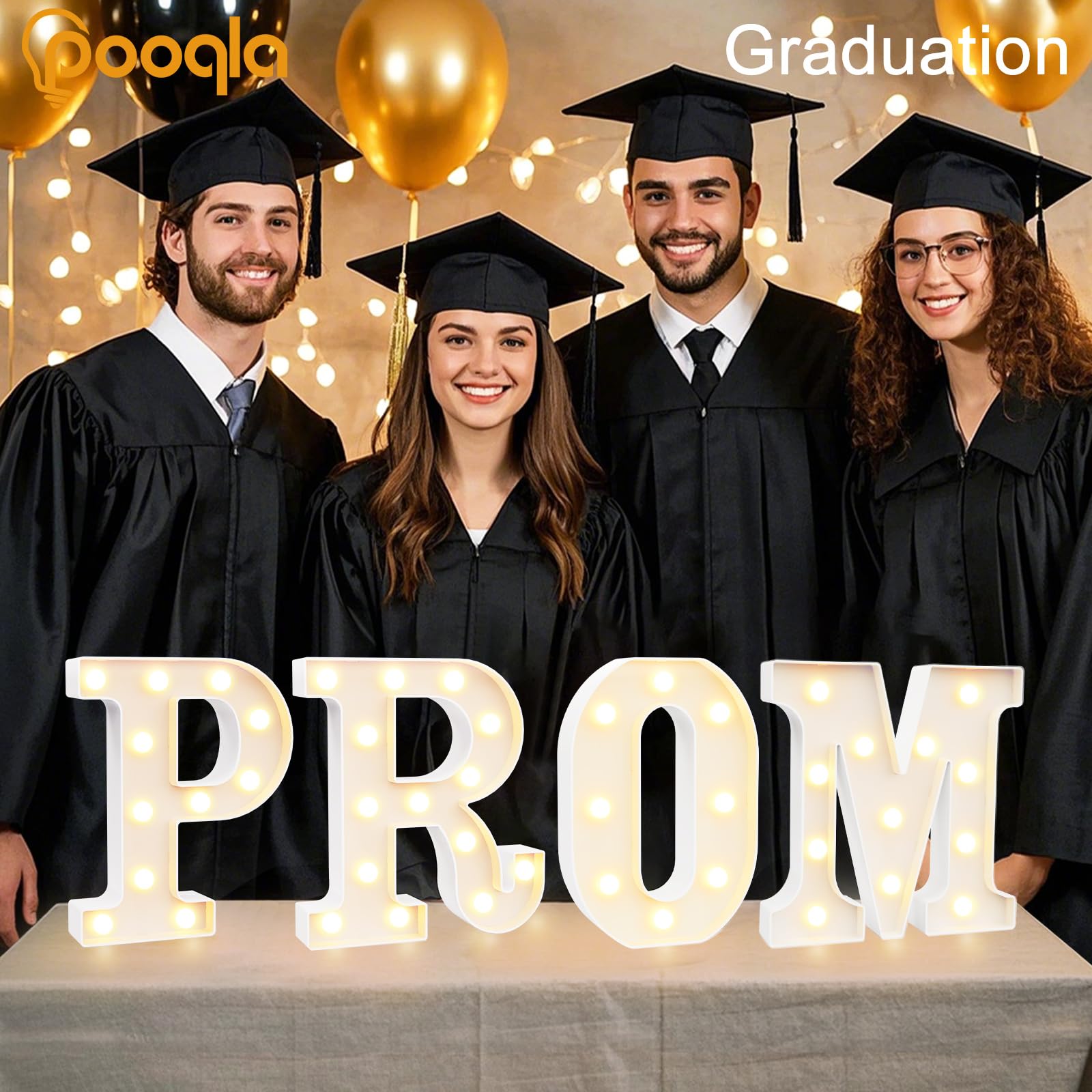 Pooqla PROM marquee letters used as a photo backdrop for graduations