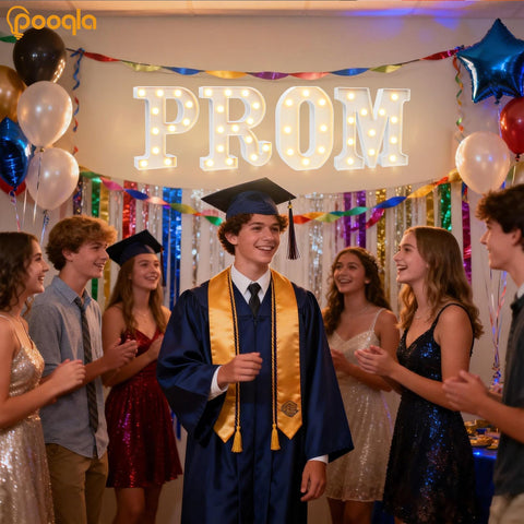 Pooqla PROM marquee letters mounted on wall creating a celebratory Class of 2026 backdrop