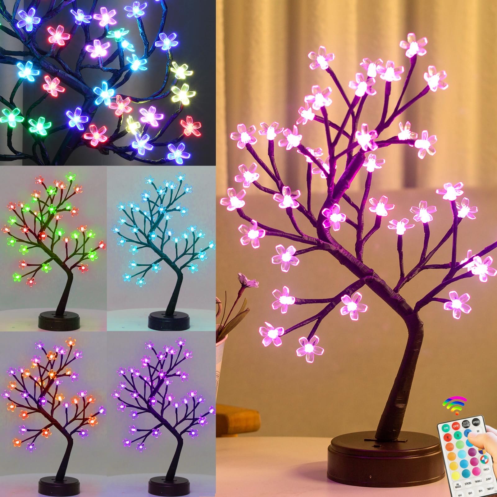 Pooqla RGB Cherry Blossom Tree Light with remote provides cozy color options indoors.