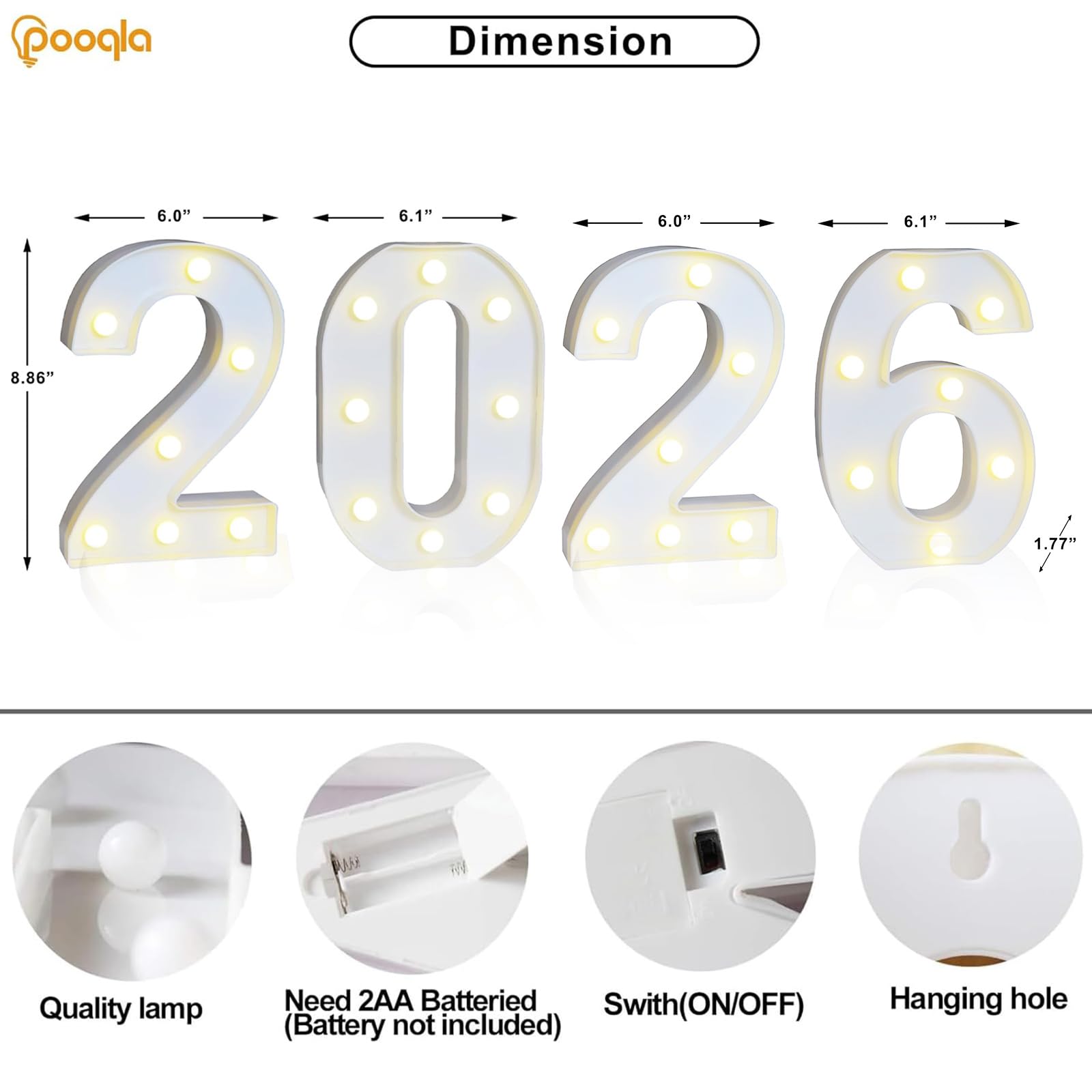 Pooqla warm white LED 2026 numbers create vibrant photo props.