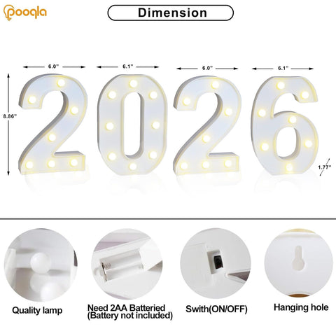 Pooqla warm white LED 2026 numbers create vibrant photo props.